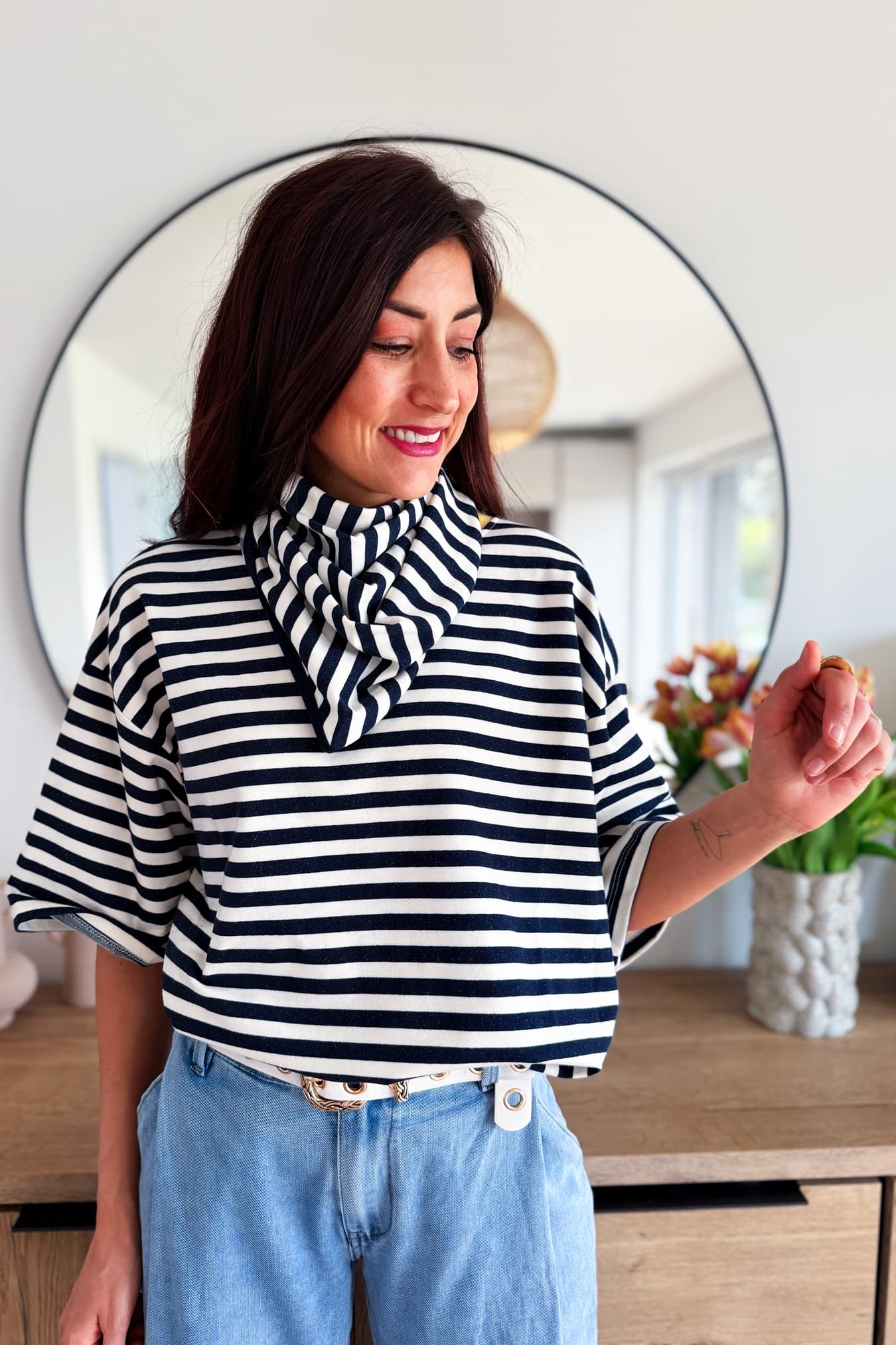 Blouse CONNY (avec foulard) marine et blanc