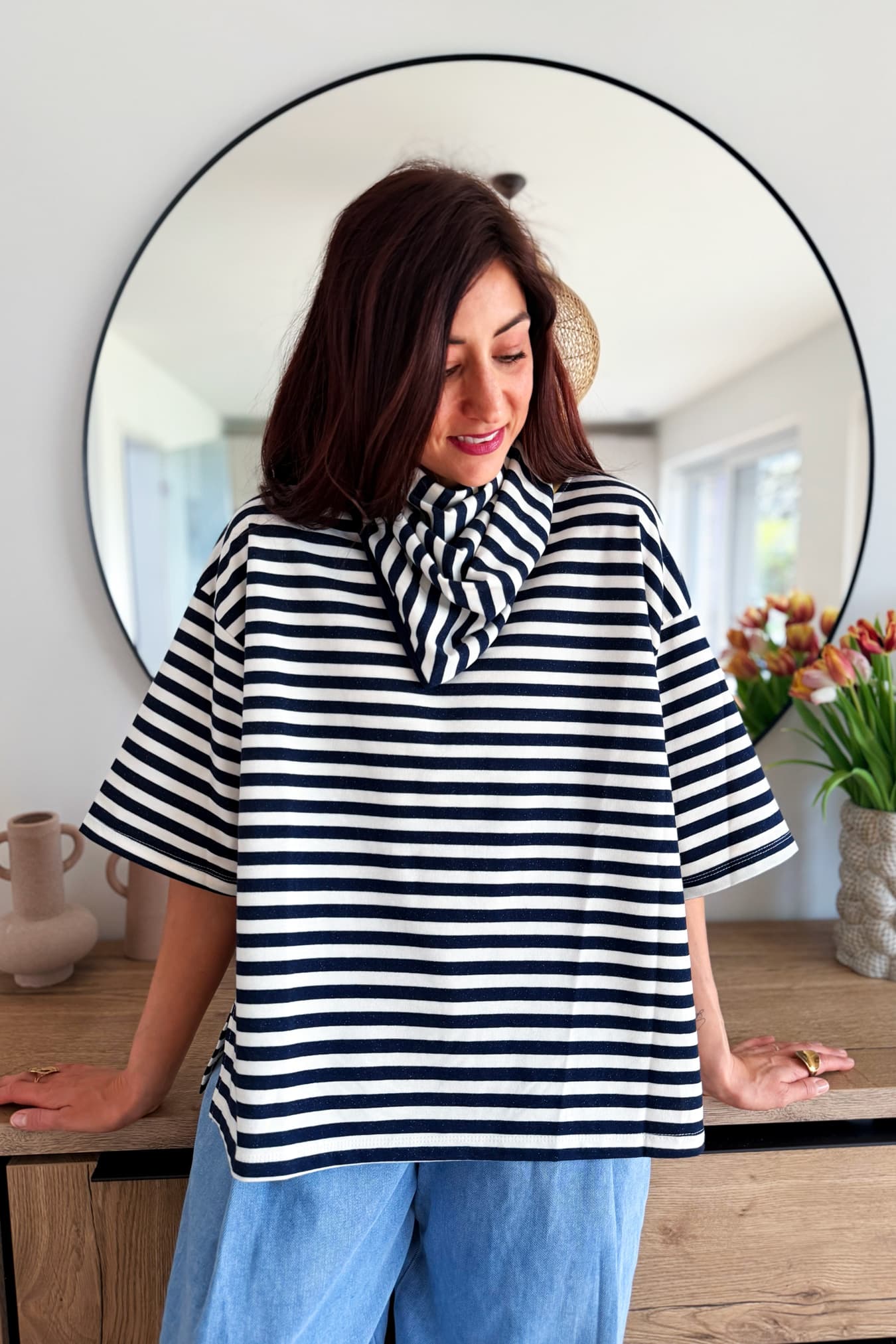 Blouse CONNY (avec foulard) marine et blanc